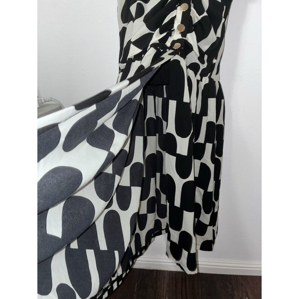 AX Paris Dress 14 Abstract Black Off White Large Slit Front Button Up - Picture 9 of 12